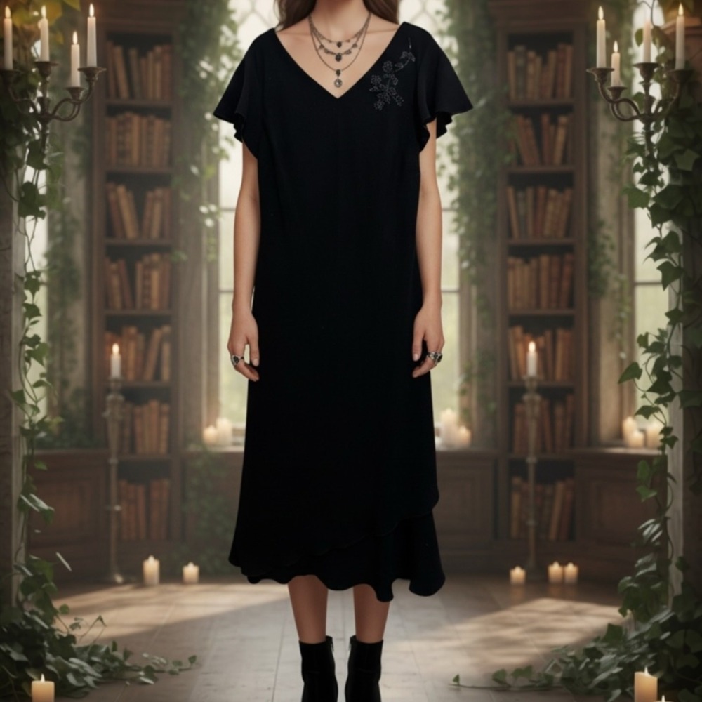 Vintage Amanda Smith Black Midi Dress Beaded Detailing Whimsigoth LBD Size 12
